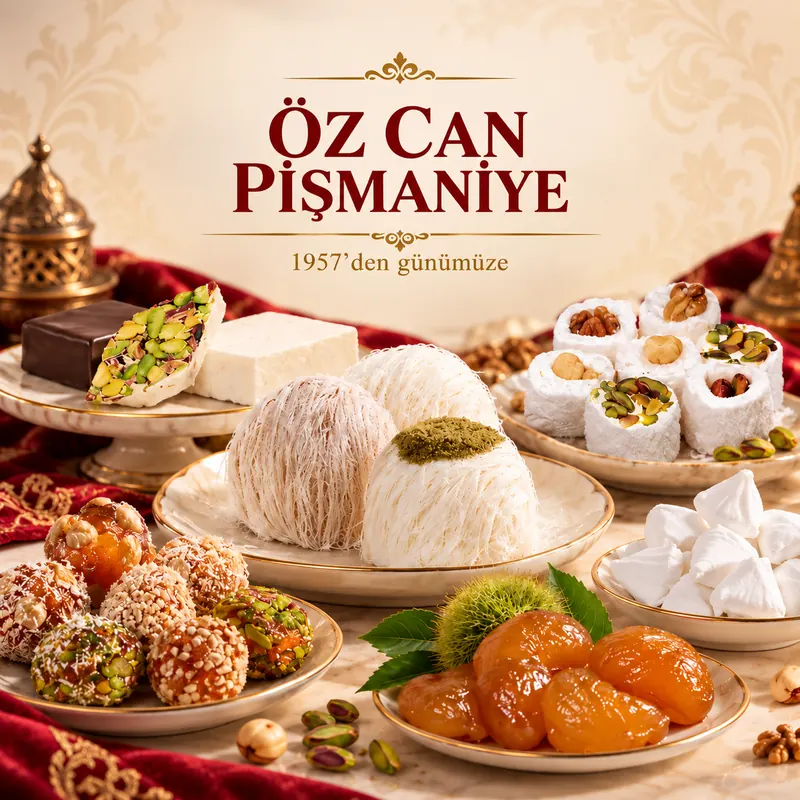 Öz Can Pişmaniye pişmaniye, saray helvası, lokum, cezerye ve kestane şekeri çeşitleri.